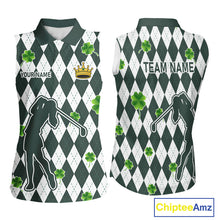 Load image into Gallery viewer, Green argyle pattern lucky shamrock Sleeveless Polo Shirt Custom St. Patrick's ladies golf outfit NQS10775