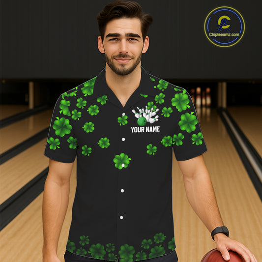 Black and Green Shamrock Funny Bowling Hawaiian Shirt Custom St Patrick's Day Bowling Team Jersey NQS11163