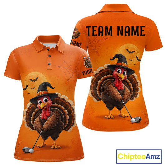 Halloween Turkey Women Golf Polo Shirt, Custom Name Thanksgiving Golf Team Shirt NHT1335