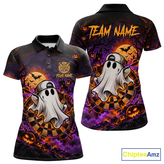 Halloween Ghost Playing Darts Polo 1/4-Zip Shirt For Women Custom Spooky Dart Player Tournament Jersey NHT1648
