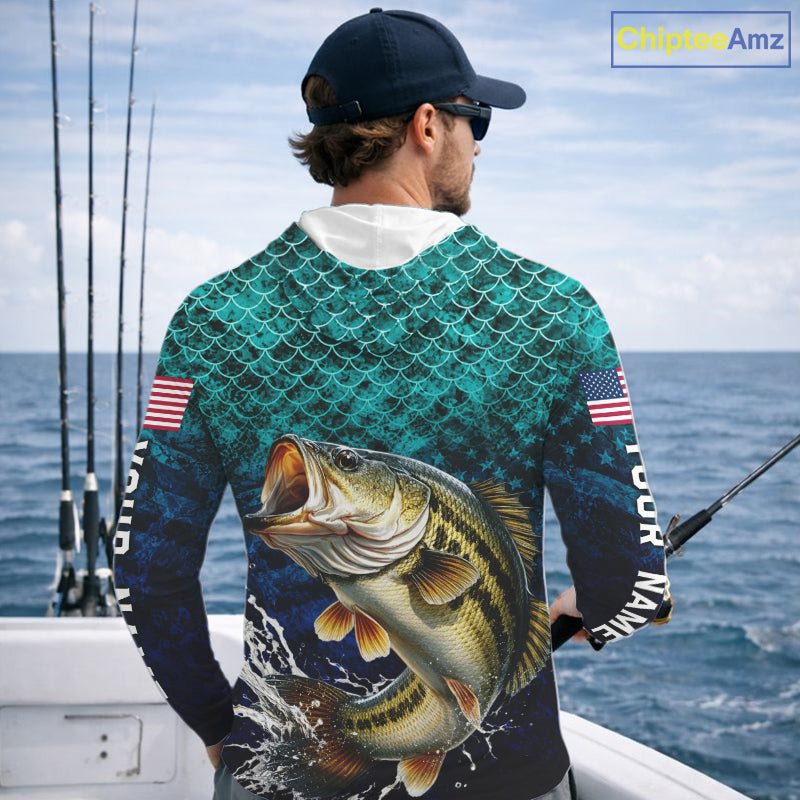American Flag Bass Fish Long Sleeve Hooded Performance Fishing Shirt Custom Angler Tournament Jersey NHT1654