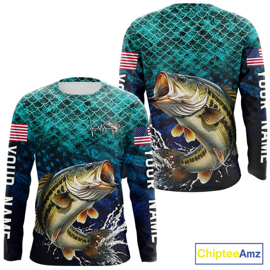 American Flag Bass Fish Long Sleeve Performance Fishing Shirt Custom Angler Tournament Jersey NHT1654