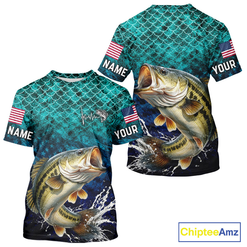 American Flag Bass Fish Short Sleeve Performance Fishing Shirt Custom Angler Tournament Jersey NHT1654