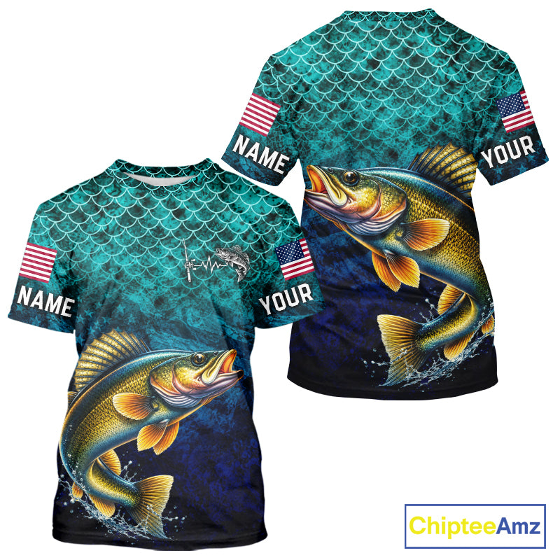 American Flag Walleye Fish Short Sleeve Performance Fishing Shirt Custom Angler Tournament Jersey NHT1655
