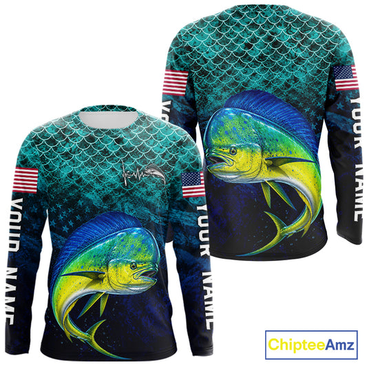 American Flag Mahi Mahi Fish Long Sleeve Performance Fishing Shirt Custom Angler Tournament Jersey NHT1656