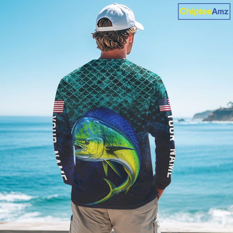 American Flag Mahi Mahi Fish Long Sleeve Performance Fishing Shirt Custom Angler Tournament Jersey NHT1656