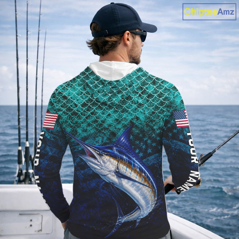 American Flag Marlin Fish Long Sleeve Hooded Performance Fishing Shirt Custom Angler Tournament Jersey NHT1657