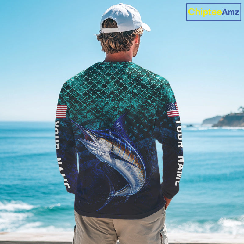 American Flag Marlin Fish Long Sleeve Performance Fishing Shirt Custom Angler Tournament Jersey NHT1657