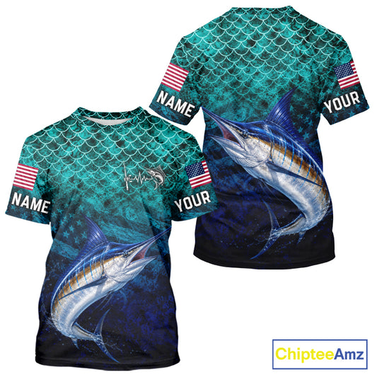 American Flag Marlin Fish Short Sleeve Performance Fishing Shirt Custom Angler Tournament Jersey NHT1657