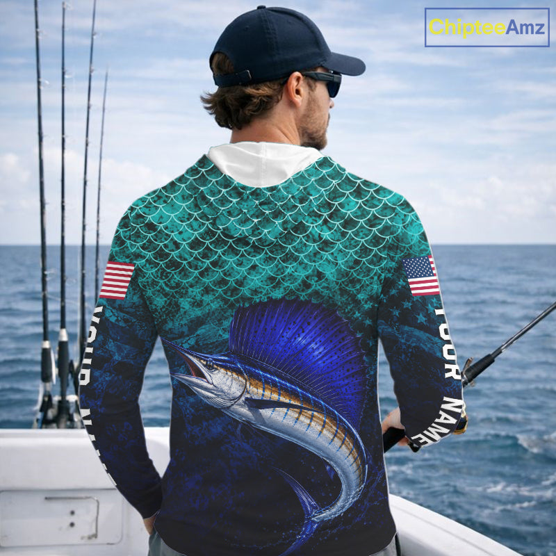 American Flag Sailfish Fish Long Sleeve Hooded Performance Fishing Shirt Custom Angler Tournament Jersey NHT1658