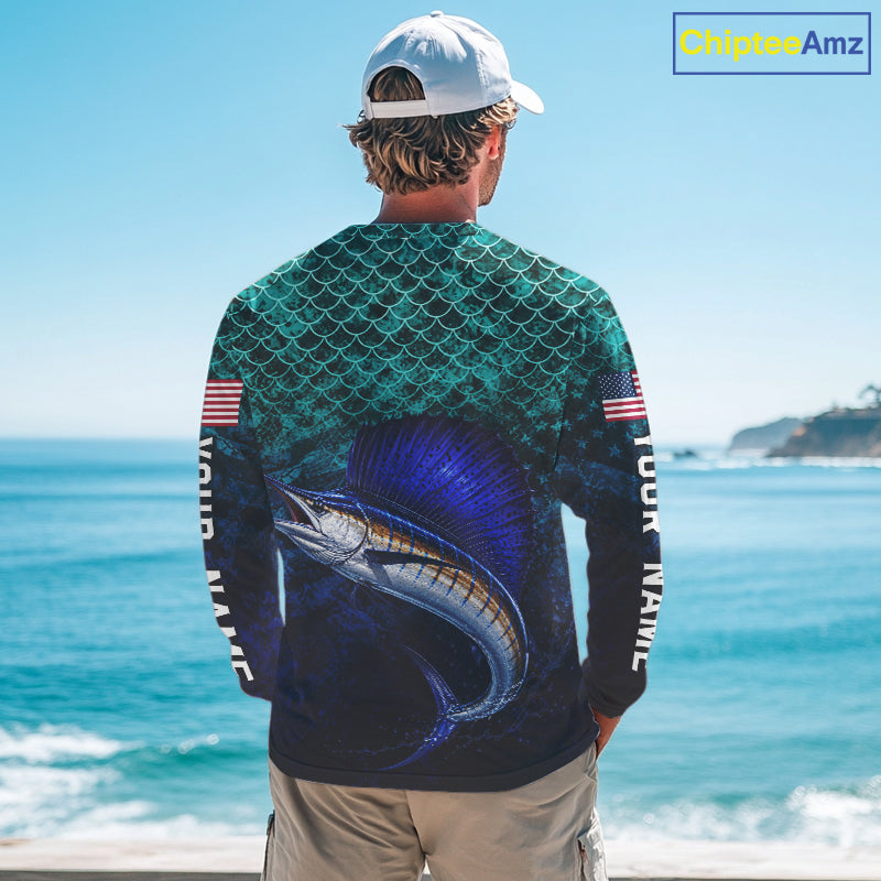 American Flag Sailfish Fish Long Sleeve Performance Fishing Shirt Custom Angler Tournament Jersey NHT1658