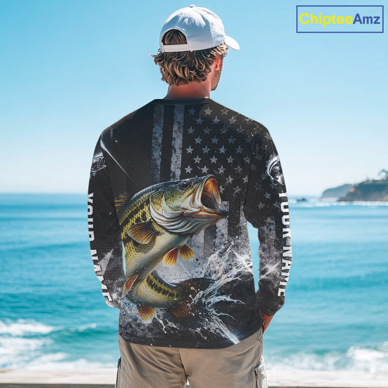 Gray Bass Custom Long Sleeve Fishing Shirts, American Flag Patriotic Bass Fishing Shirt NHT514