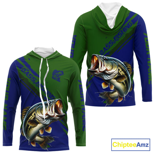 Green Blue Bass Fishing Shirt Long Sleeve Fishing Apparel For Men, Hooded Fishing Shirt For Fisher NHT873