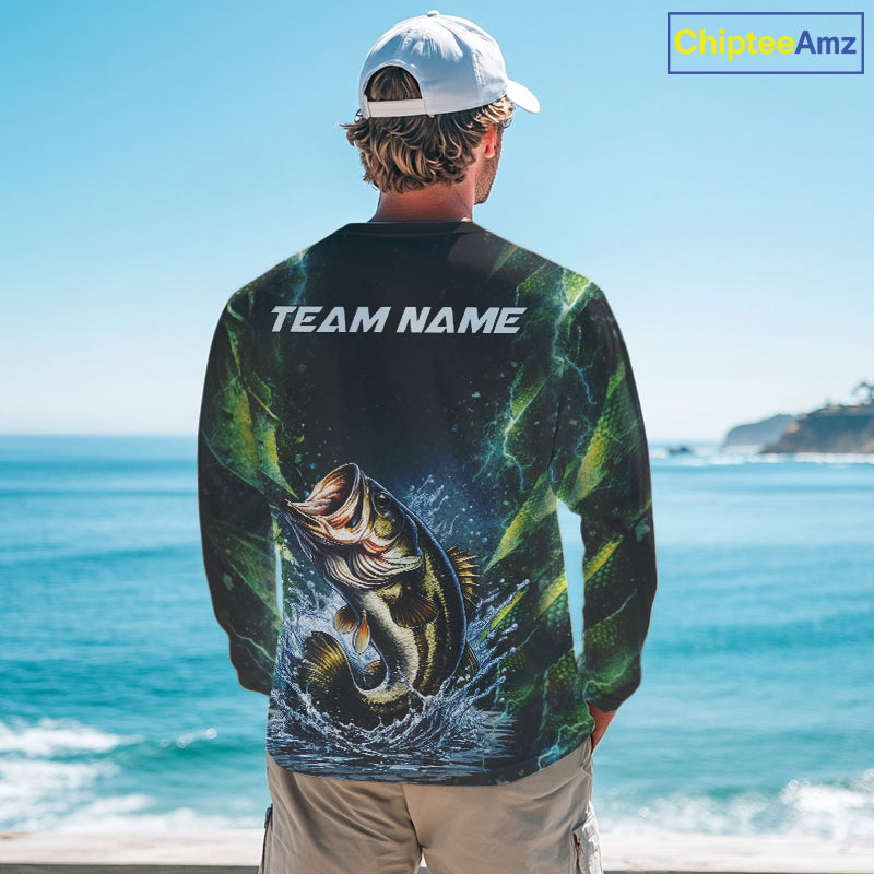 Largemouth Bass Fishing Black Green Camo Custom Name Fishing Shirts Jerseys NHT456