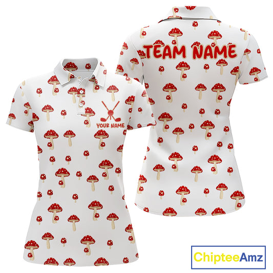 Funny Mushroom Womens Golf Polo Shirt, Personalized Mushroom Red White Pattern Golf Jersey NHT888