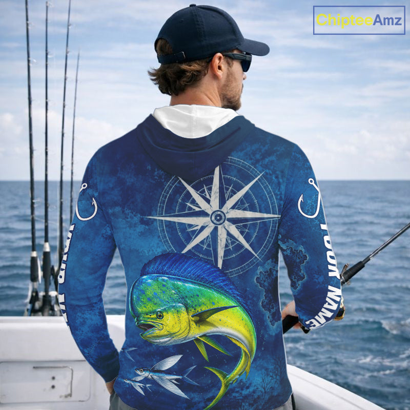 Mahi Mahi Fishing Shirt Long Sleeve Hooded Gift For Men – Deep Sea Angler Ocean Compass Design