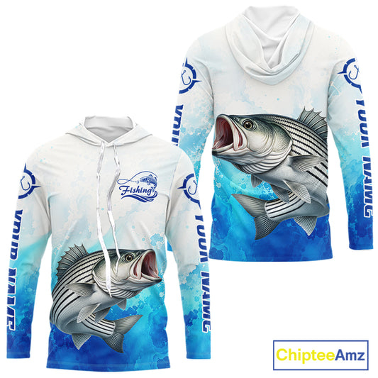 Striped Bass Fishing Long Sleeve Hooded Gift For Men Deep Sea Saltwater Angler Ocean Adventure