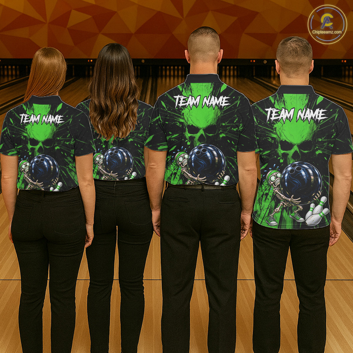 Funny Skull Bowling Shirt, Personalized Green Skeleton Bowling Polo For Bowling Teams For Men NHT1514