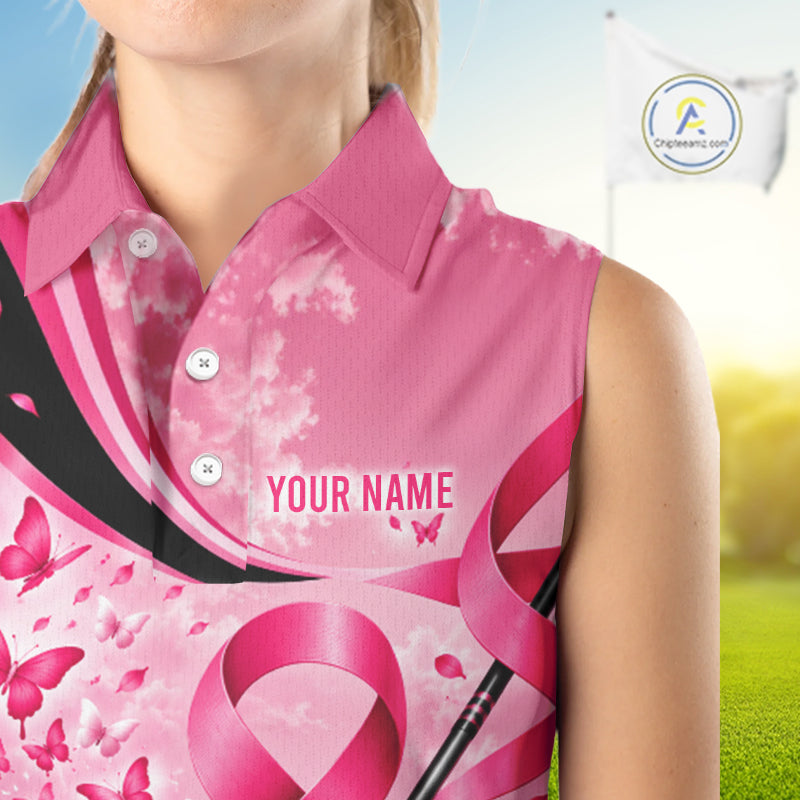 Breast Cancer Awareness Pink Black Women Sleeveless Golf Polo Shirt Custom Ribbon Butterfly Team Jersey NHT1698