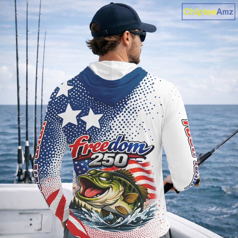 Funny Bass Fishing Shirts Long Sleeve Hooded Freedom 250 American Flag, Fishing Gift NHT408