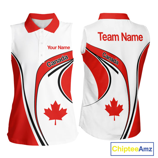 Personalized White And Red Canada Flag Sleeveless Womens Golf Polo Shirt, Patriotic Gifts For Golf Lover NHT735