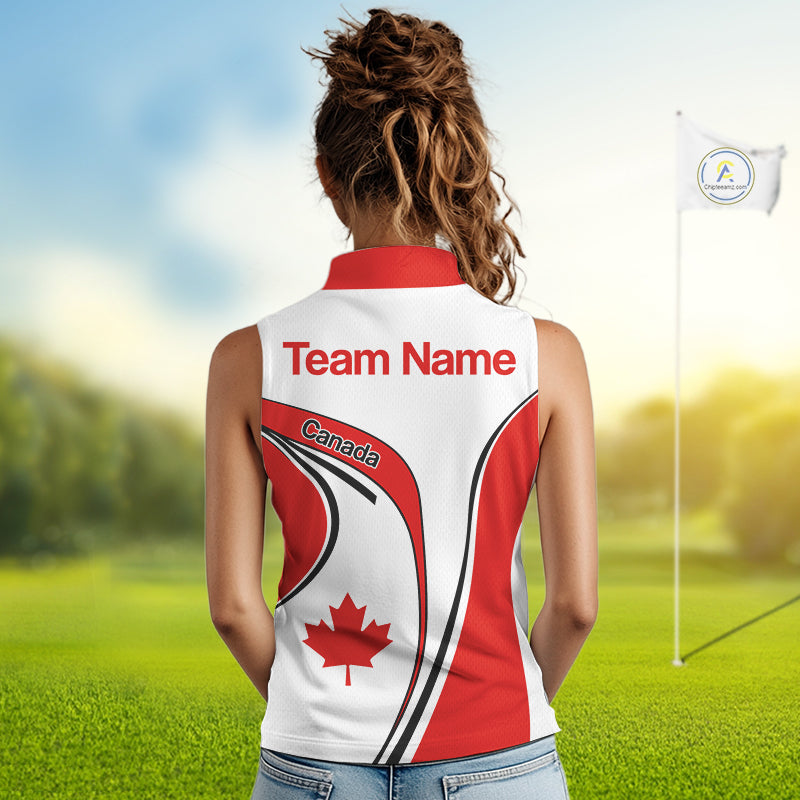 Personalized White And Red Canada Flag Sleeveless Womens Golf Polo Shirt, Patriotic Gifts For Golf Lover NHT735