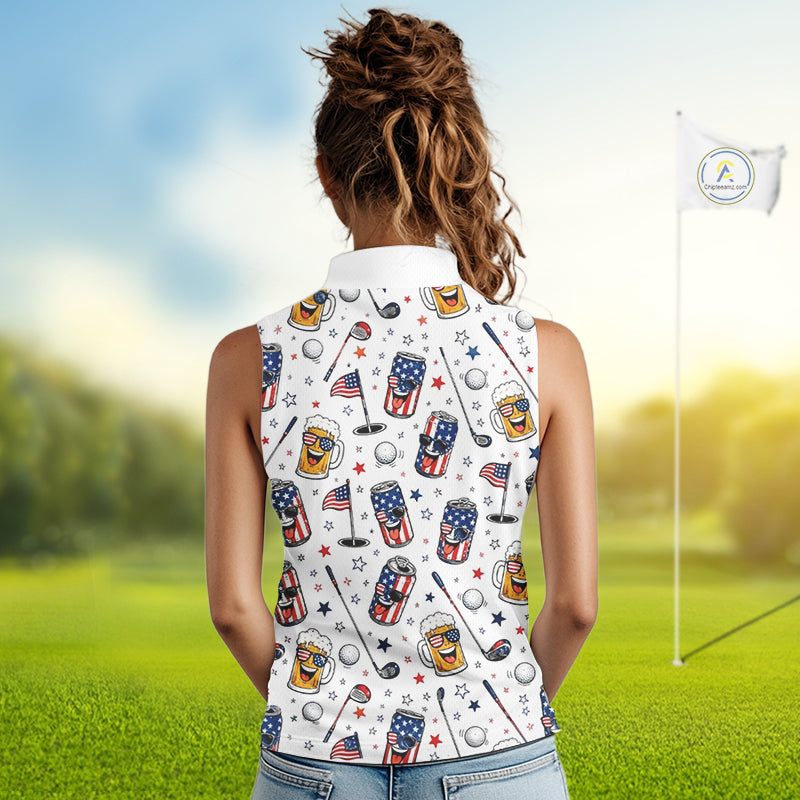 Custom Patriotic Womens Sleeveless Golf Polo Shirt With Beer Print – Personalized USA Golf Team Polo