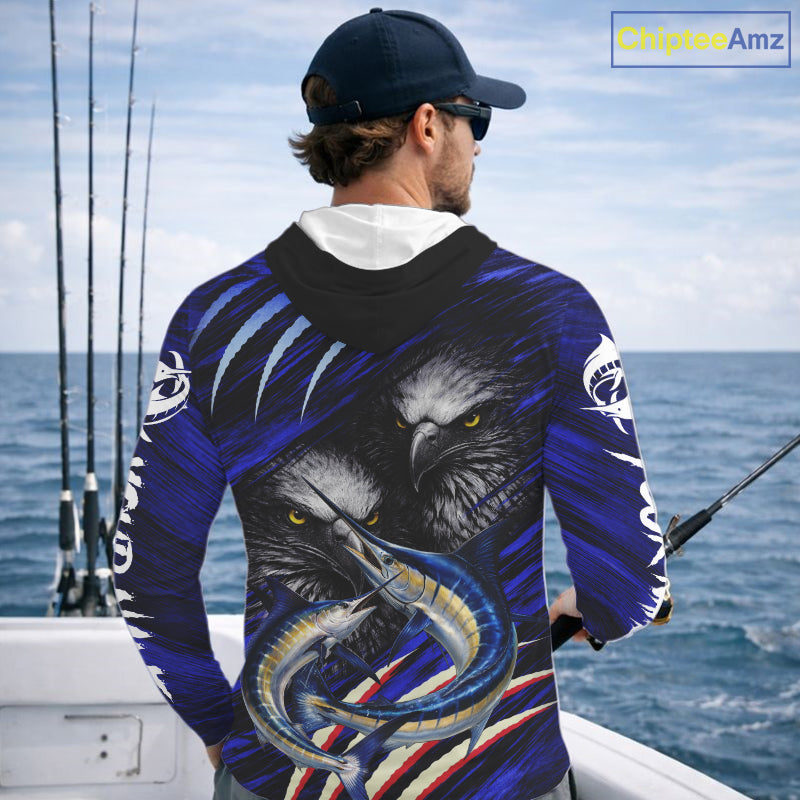 Marlin & Eagle Design Fishing Shirt Long Sleeve Hooded, Marlin Fishing Shirt For Men NHT468