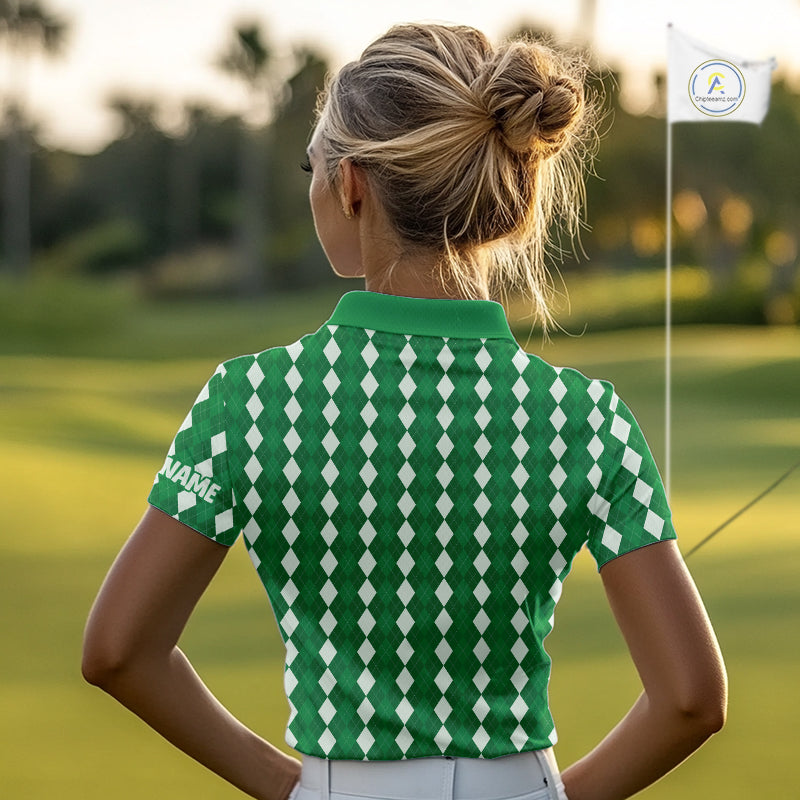 Womens Golf Polo Shirt Custom Photo Face Green Argyle Plaid Pattern, Mother's Day Golfing Gifts NHT743