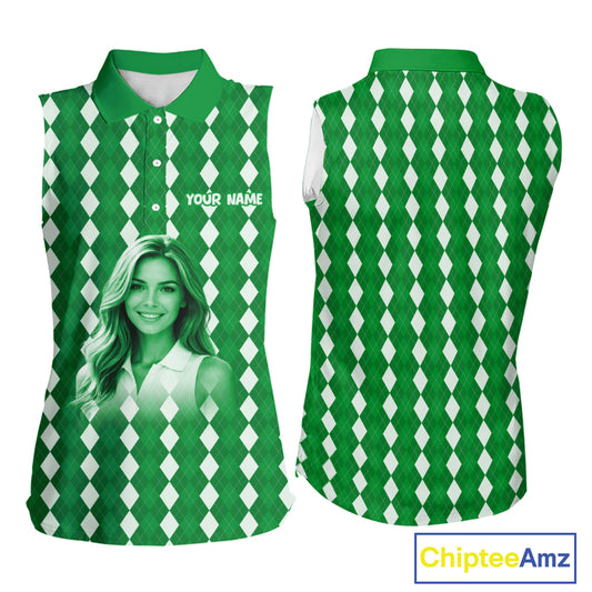 Sleeveless Womens Golf Polo Shirt Custom Photo Face Green Argyle Plaid Pattern, Mother's Day Golfing Gifts NHT743