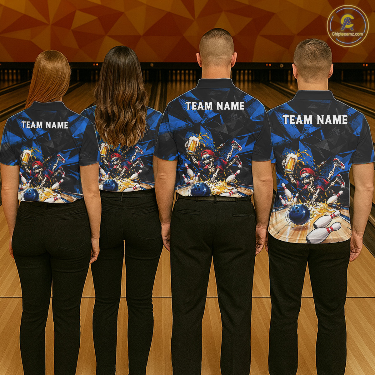 Funny Skeleton Beer Bowling Polo Shirt For Men Custom Blue Black Team Tournament Jersey NHT1712