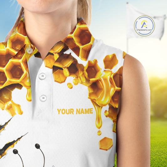 Custom Cute Honey Bee Golf Lover White Women Sleeveless Polo Shirt, Personalized Honey Bee Golf Tops NHT1544