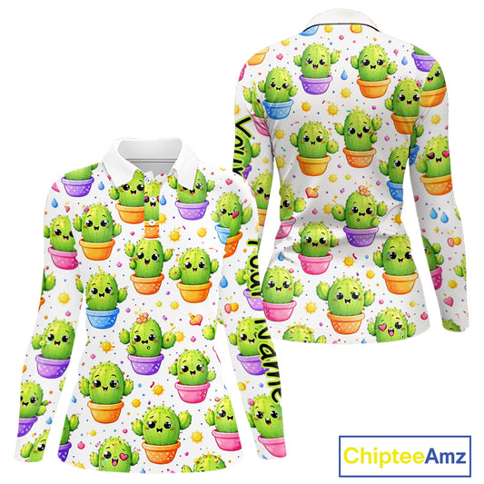 Funny Cactus Flower Pattern Womens Golf Polo Shirt, Cute Cartoon Plant Shirt Personalized, Colorful Succulent Shirt NHT556