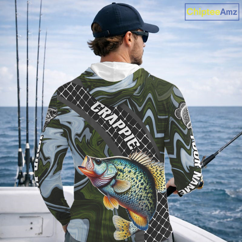 Crappie Hooded Fishing Shirt Long Sleeve Abstract Green Camo Performance Jersey For Men NHT924