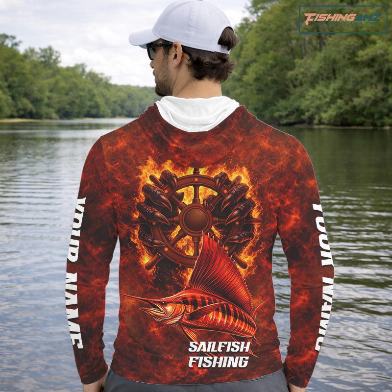 Red Sailfish Fishing Shirts Long Sleeve Hooded, Personalized Men's Fishing Shirt NHT421