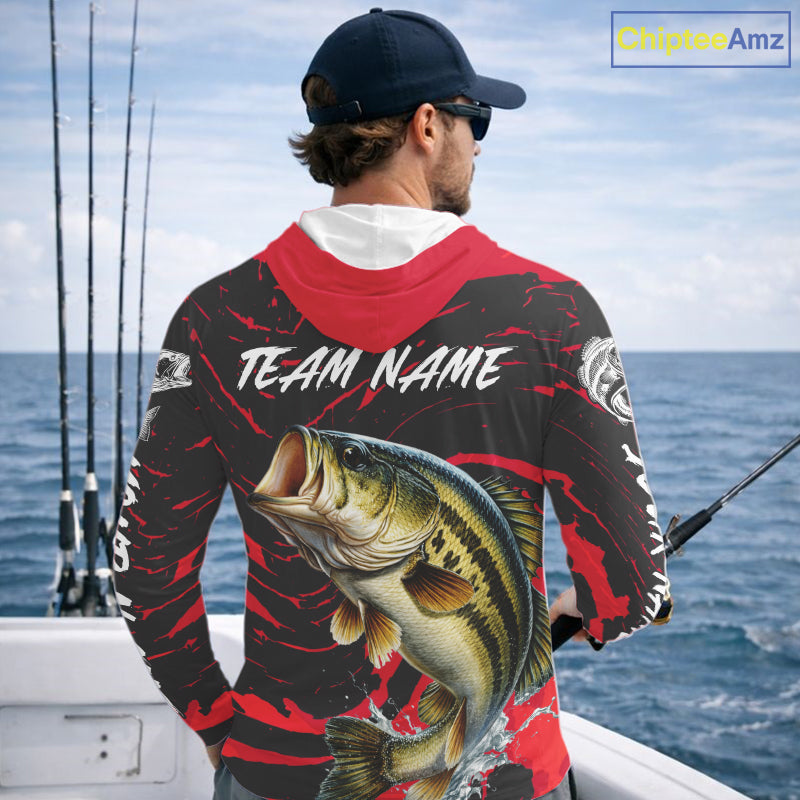 Custom Largemouth Bass Fishing Shirts Long Sleeve Hooded – Performance Tournament Jersey For Men| Red NHT769