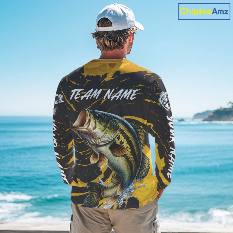 Custom Largemouth Bass Fishing Shirts Long Sleeve – Performance Tournament Jersey For Men| Yellow NHT770