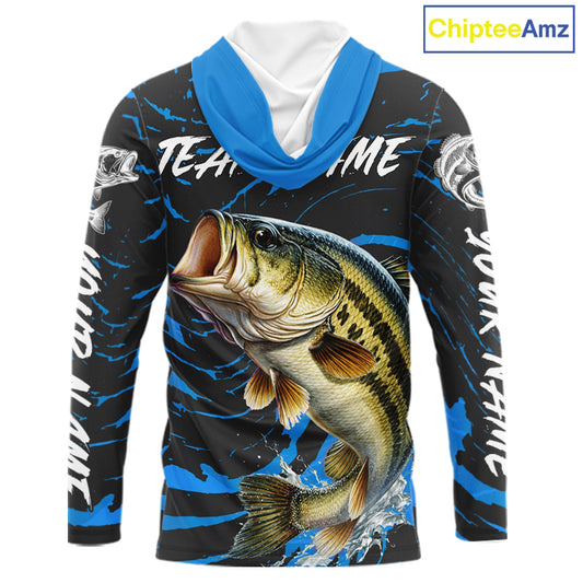 Custom Largemouth Bass Fishing Shirts Long Sleeve Hooded – Performance Tournament Jersey For Men| Blue NHT771