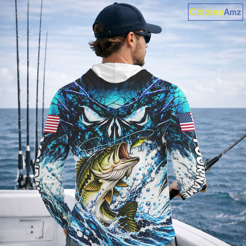 Jumping Bass Catch Lure Hooded Fishing Shirt Personalized Monster Eyes Splash Blue Water Outdoor Apparel NHT1733