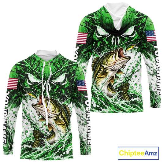 Jumping Bass Catch Lure Hooded Fishing Shirt Personalized Monster Eyes Splash Green Water Outdoor Apparel NHT1736