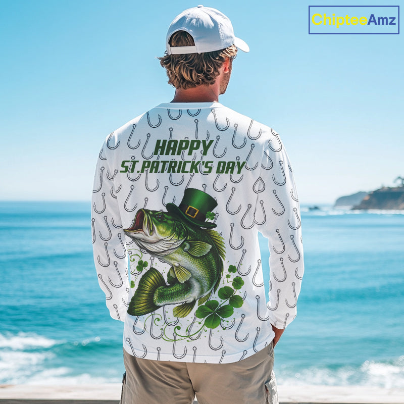 Custom St Patrick's Day Bass Fishing Long Sleeve Shirt For Men, Performance Fishing Shirts NHT423