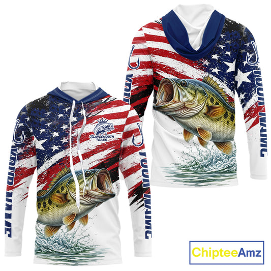Personalized Patriotic Bass Fishing Shirts Long Sleeve Hooded, American Flag Fishing Jerseys For Men NHT773