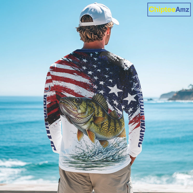 Personalized Patriotic Walleye Fishing Shirts Long Sleeve , American Flag Fishing Jerseys For Men NHT774