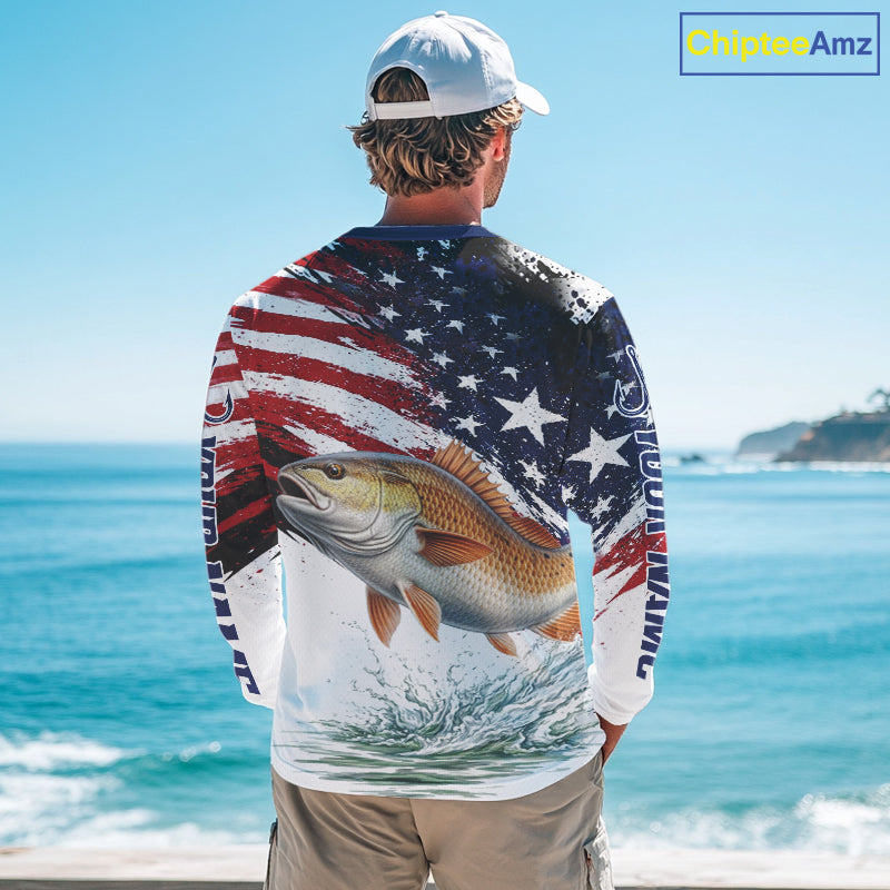 Personalized Patriotic Redfish Fishing Shirts Long Sleeve, American Flag Fishing Jerseys For Men NHT776