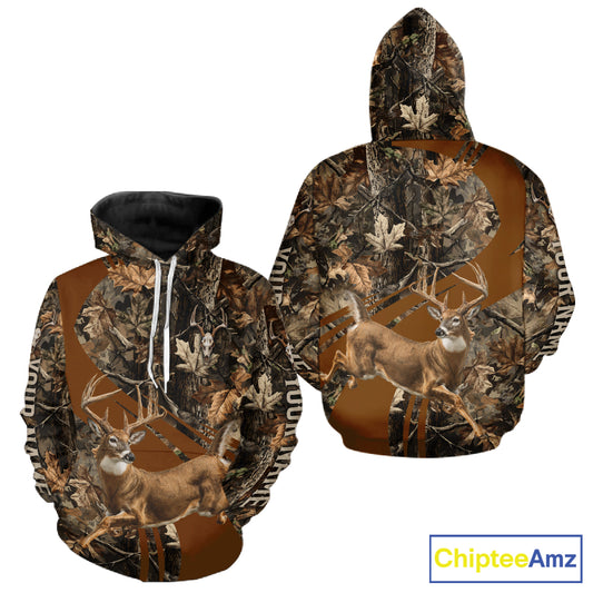 Personalized Whitetail Deer Hunting Shirt, Running Buck Camo Apparel, Custom Name Forest Camo Shirt NHT1402