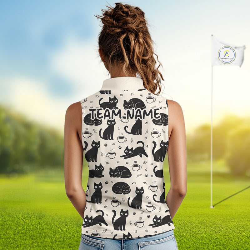 Personalized Black Cat Lover Sleeveless Women Golf Polo Shirt – Custom Name Cute Cat Pattern Shirt For Women NHT801