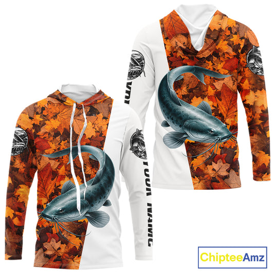 Autumn Catfish Hooded Fishing Shirt For Men, Fall Catfish Long Sleeve Fishing Jersey NHT1758