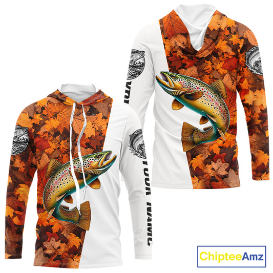 Autumn Brown Trout Hooded Fishing Shirt For Men, Fall Trout Long Sleeve Fishing Jersey NHT1760
