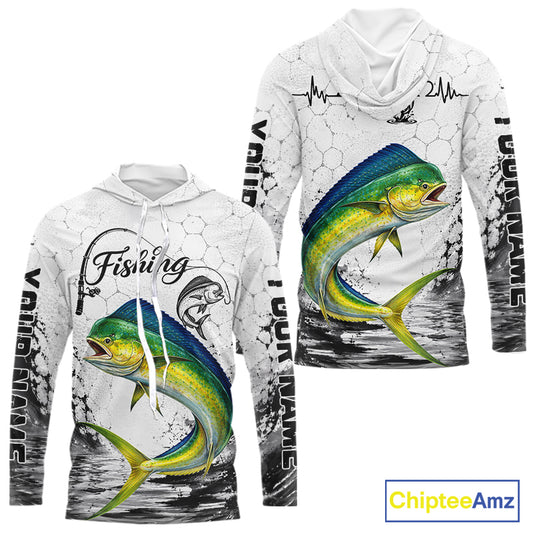 Custom Name Mahi Mahi Fishing Long Sleeve Hooded Performance Shirt, Dolphin Gift For Men