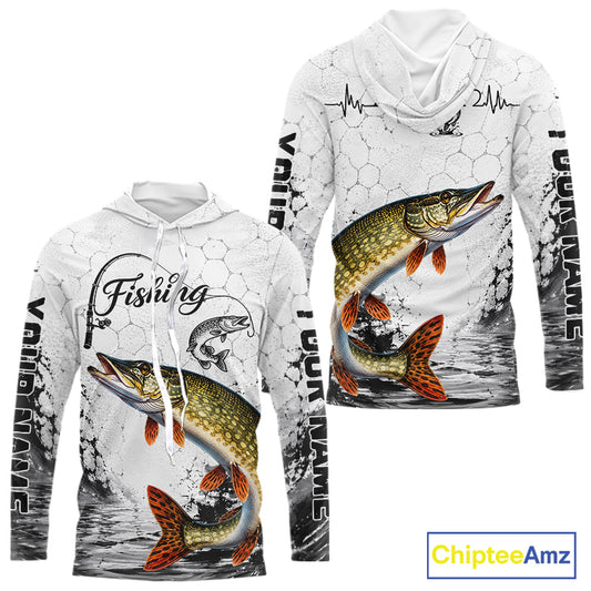 Custom Name Northern Pike Fishing Long Sleeve Hooded Performance Shirt, Pike Gift For Men